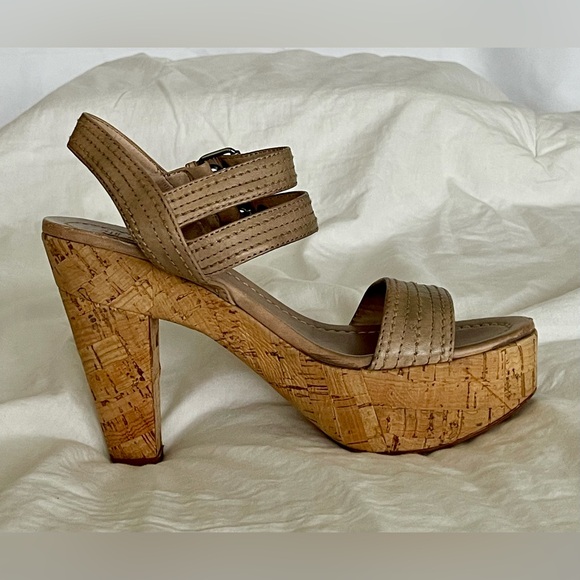 miu miu Platform Sandal Double Ankle Leather Buckle Cork Block Heel - Picture 2 of 8